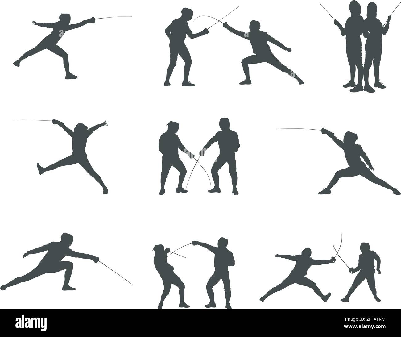 Fencing silhouette, Fencing silhouettes, Fencing players silhouette, Fencing sport Stock Vector