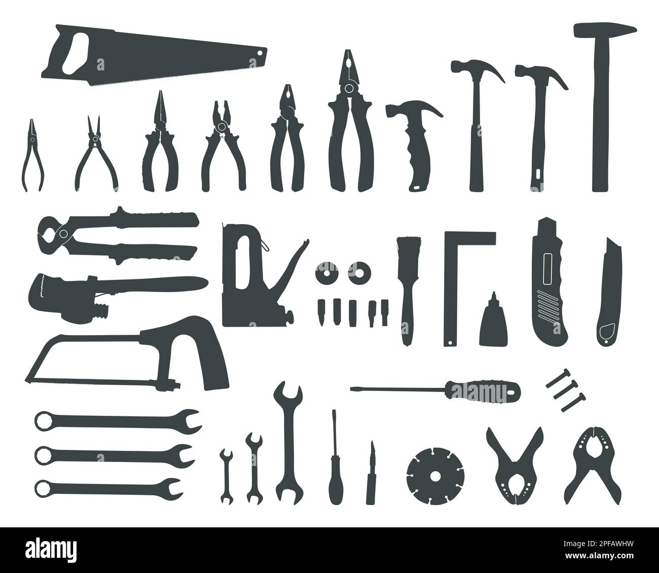 Hand tool silhouettes, Tools silhouettes, Construction tools silhouettes, Tools SVG Stock Vector