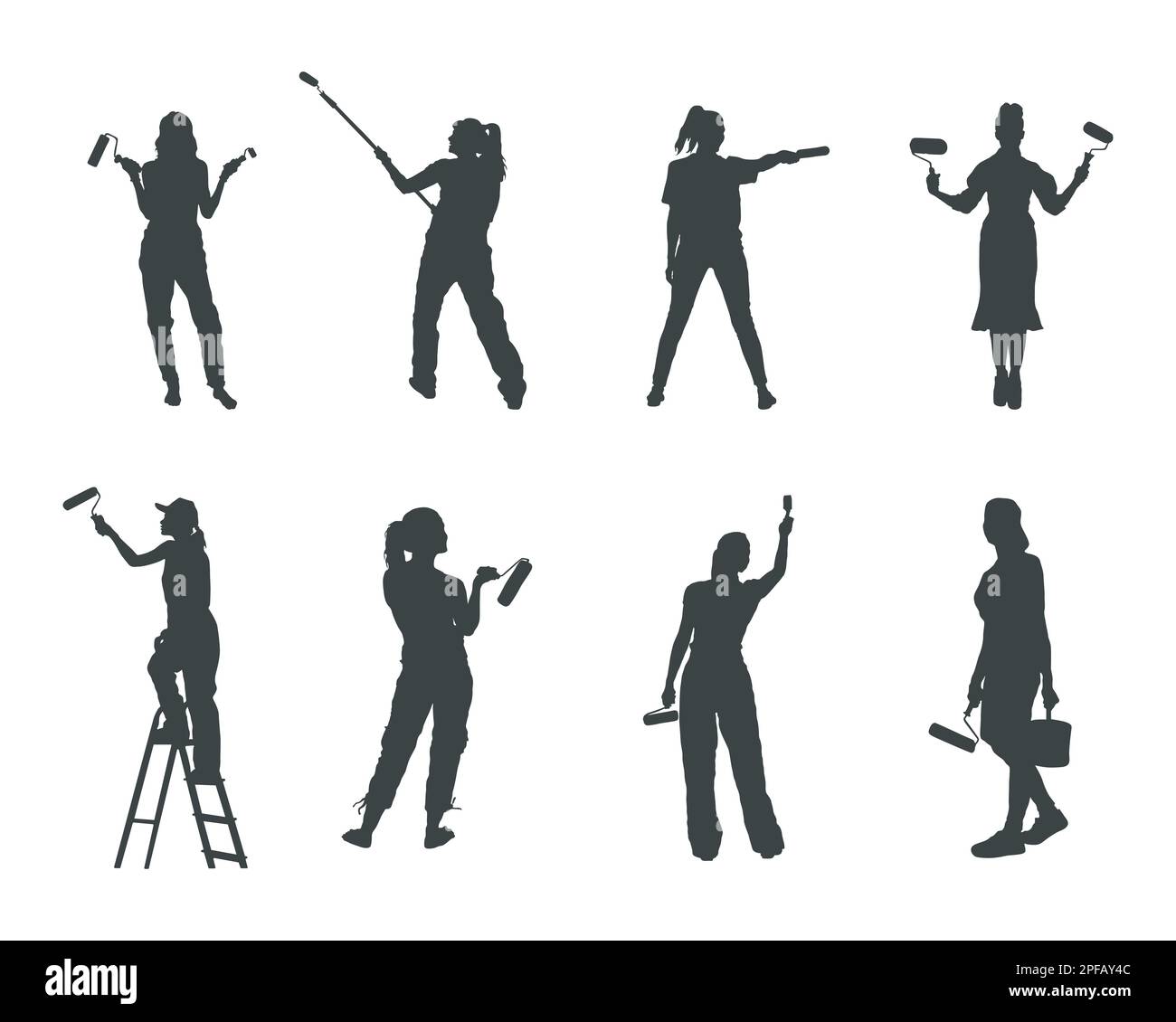 Painter woman silhouettes, House painters silhouette Stock Vector Image