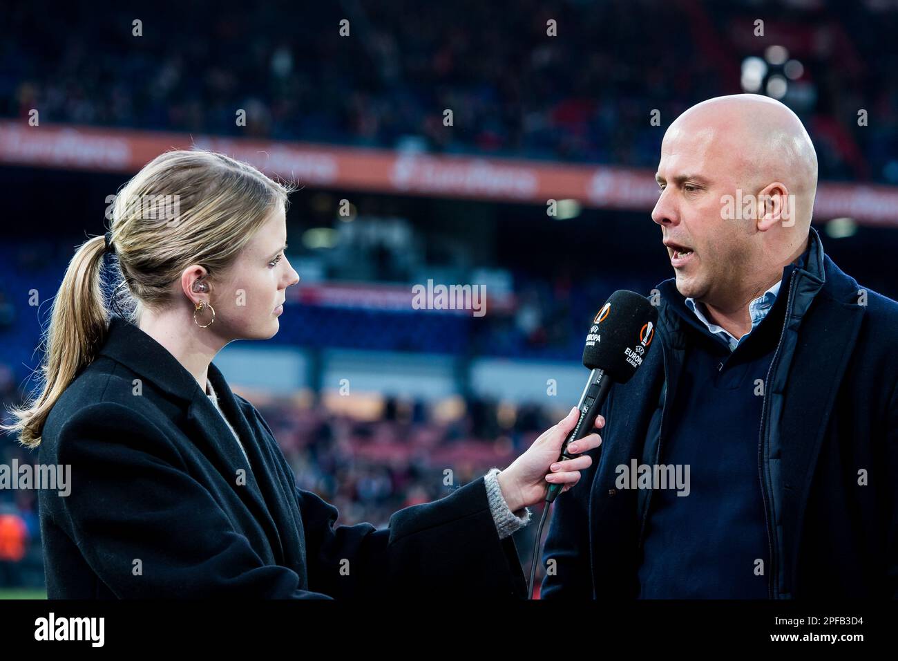 ROTTERDAM - (lr) Noa Vahle, Feyenoord coach Arne Slot during the UEFA Europa league round of 16 match between Feyenoord and Shakhtar Donetsk at Feyenoord Stadion de Kuip on March 16, 2023 in Rotterdam, Netherlands. AP | Dutch Height | COR LASKER Stock Photo