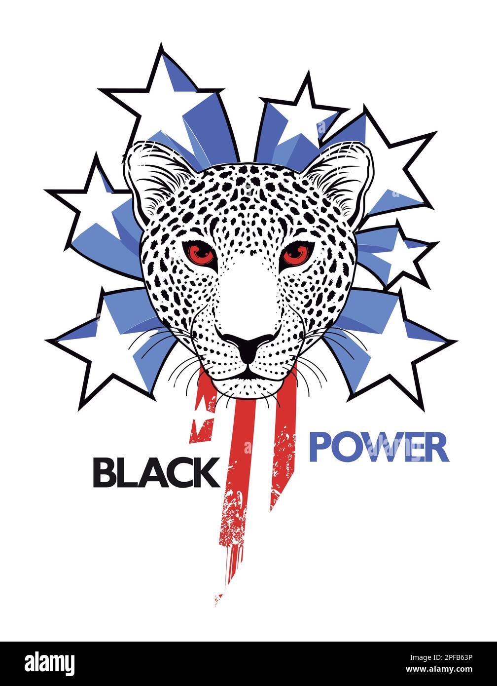 blackpower. design for t-shirt of a leopard face with stars and vertical red stripes. Vector illustration for afro history month Stock Vector