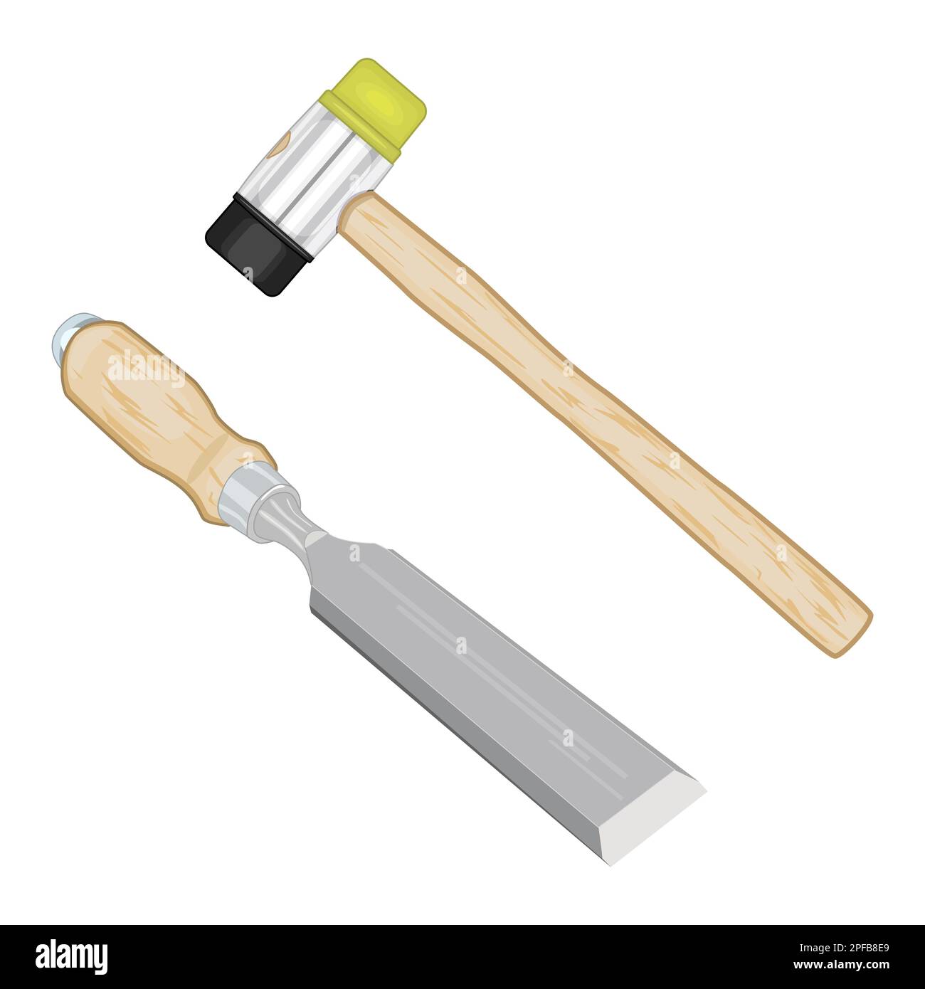 Chisel and mallet isolated on white background. Rubber hammer and chisel with wooden handle.Woodwork and carpentry tools set.Stock vector illustration Stock Vector