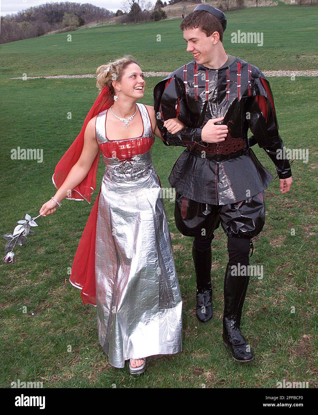 Shaelyn Benson and her friend Dave Daniels model their duct tape prom
