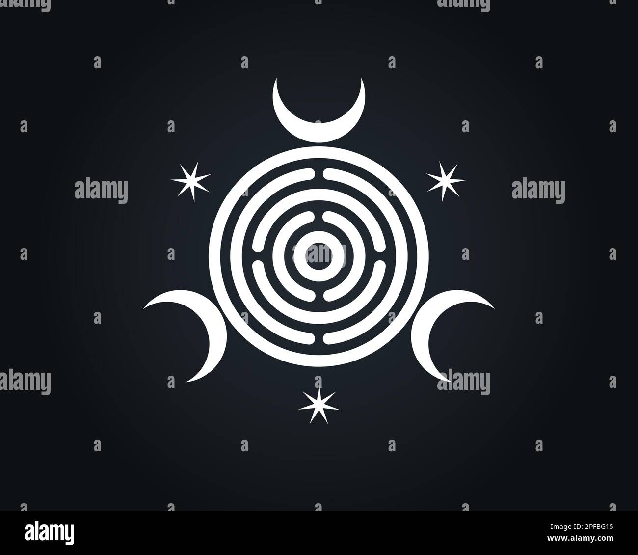 Sacred Geometry, triple Goddess of Witchcraft Spiritual Greco Roman. Witch Wicca Sigil, Mystical labyrinth, triple crescent moon, white logo design Stock Vector