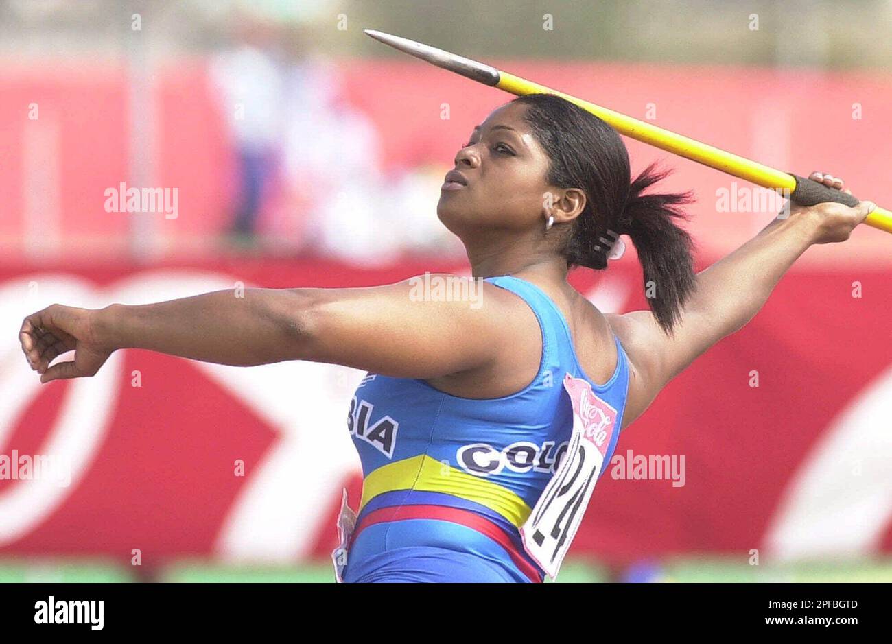 Colombian Sabina Moya wins the gold in the javelin during the