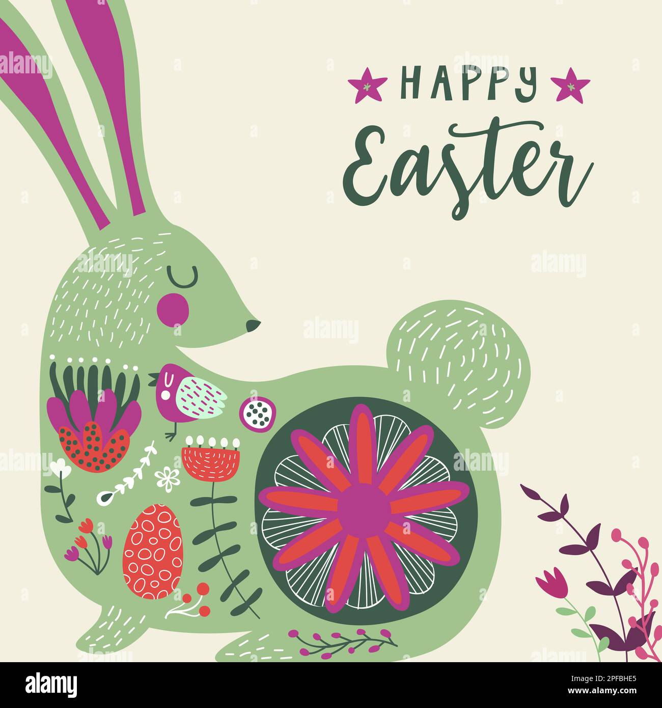 Happy Easter cute rabbit cartoon greeting card illustration. Sweet