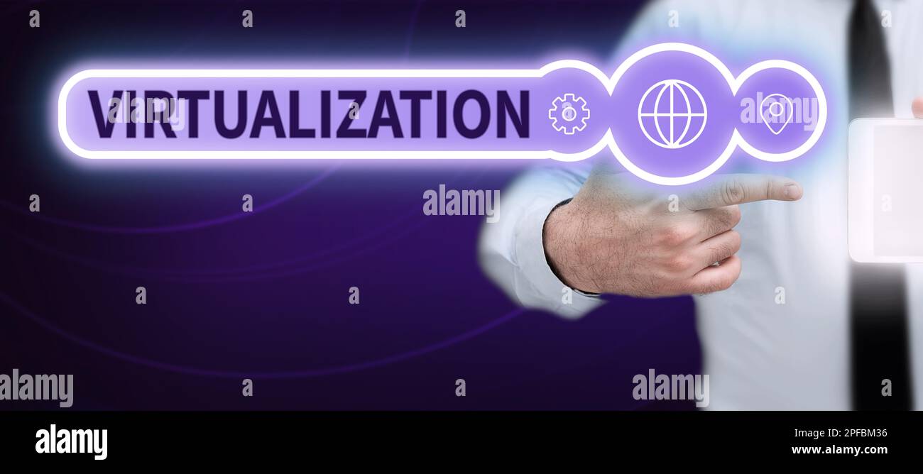 Conceptual caption Virtualization. Word for application of virtual environment to computer games Stock Photo