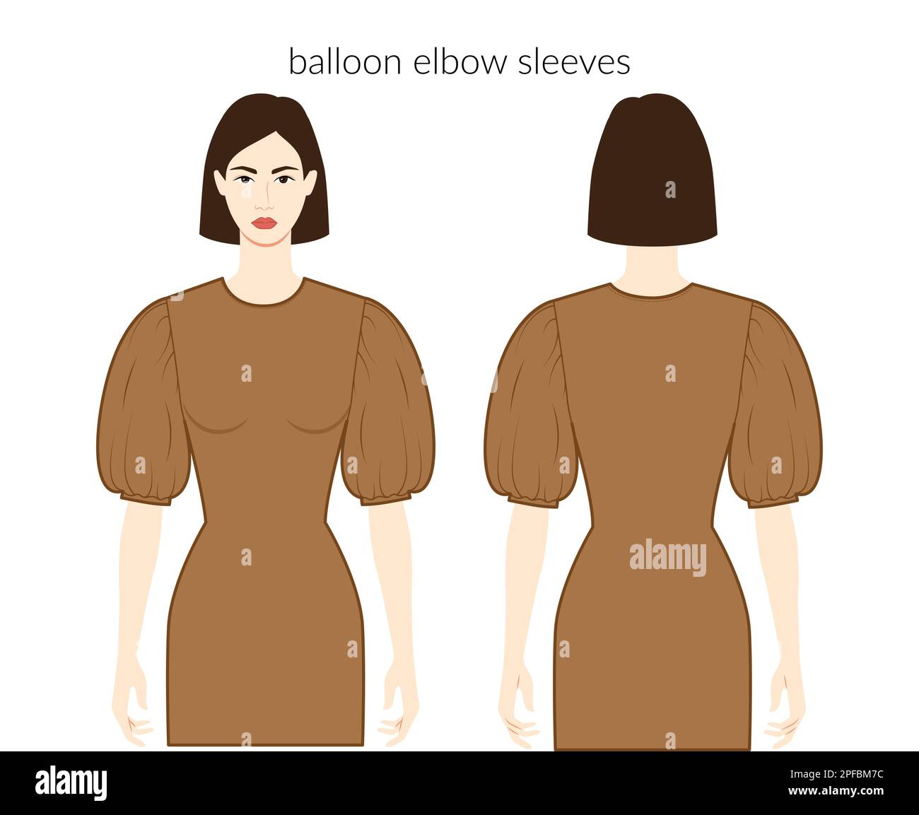 Balloon sleeves melon clothes character beautiful lady in brown top, shirt, dress technical fashion illustration, elbow length. Flat apparel template front, back sides. Women, men unisex CAD mockup Stock Vector