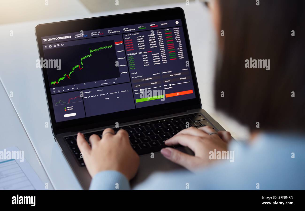 Stock market, finance chart and woman on laptop for crypto, trading  analysis and bitcoin screen. Fintech growth, ecommerce and girl on computer  for Stock Photo - Alamy