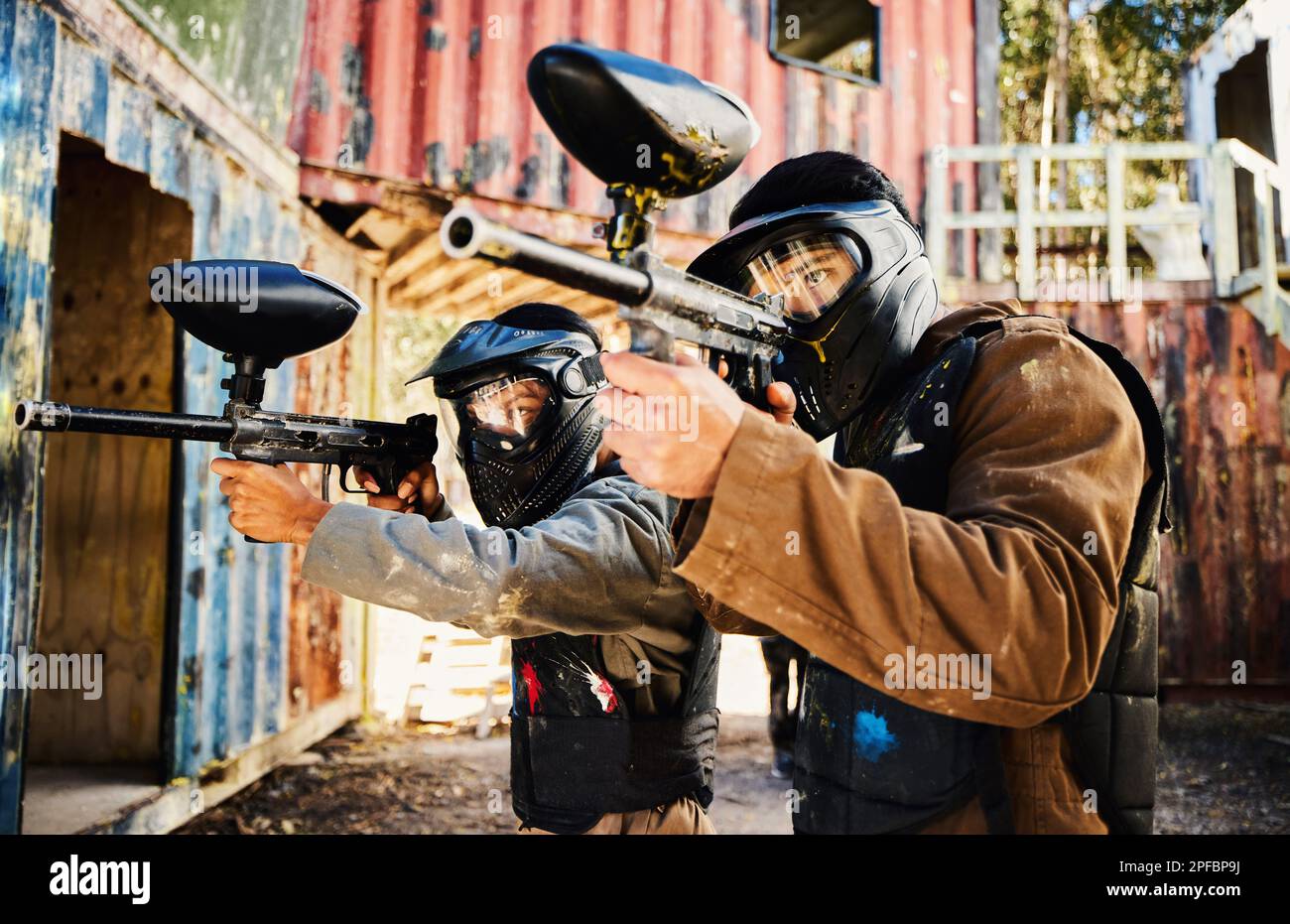 Paintball, target training or men with guns in shooting game with