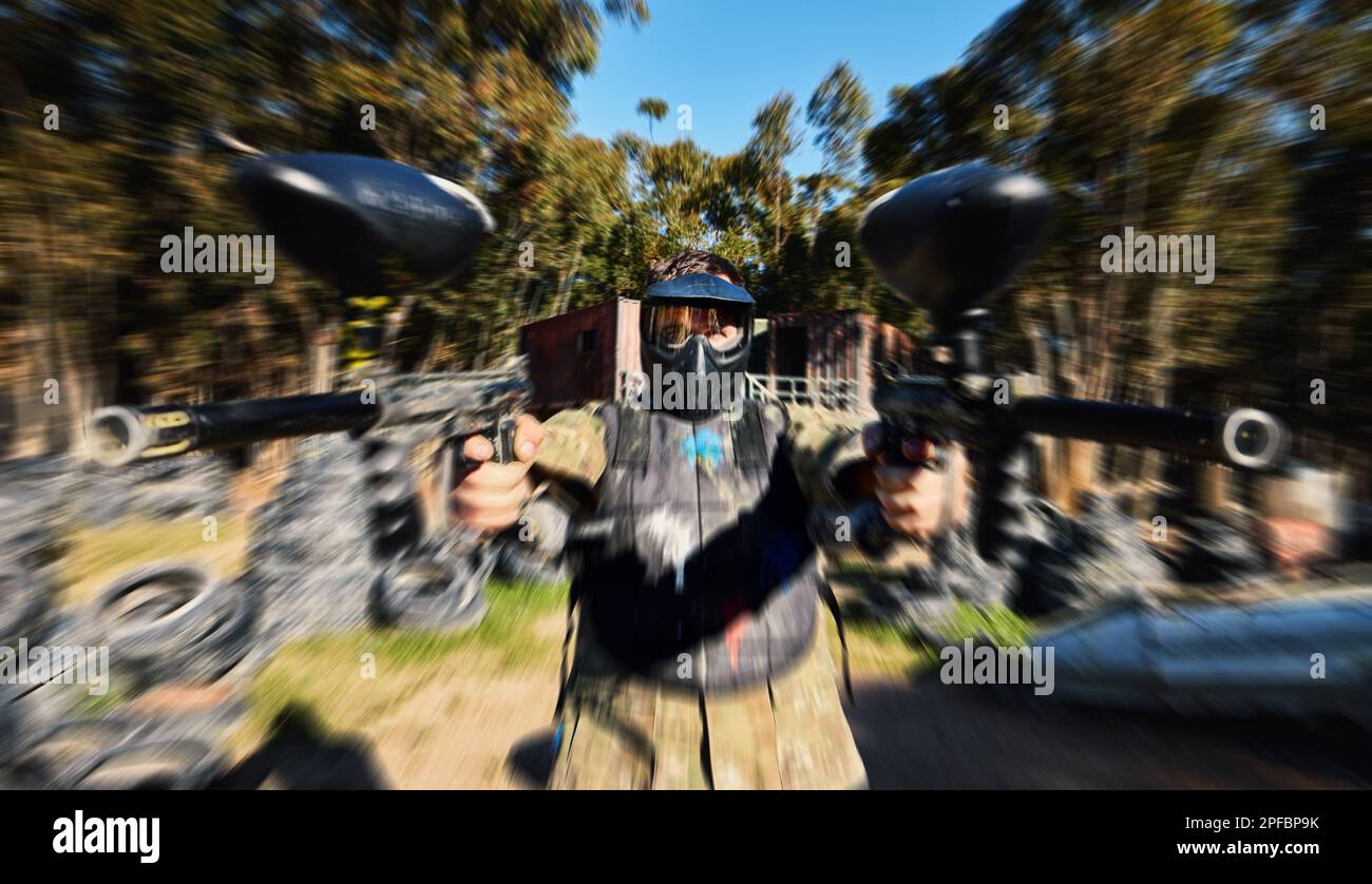 Man, paintball and dual wield gun for rapid fire, intense battle or war