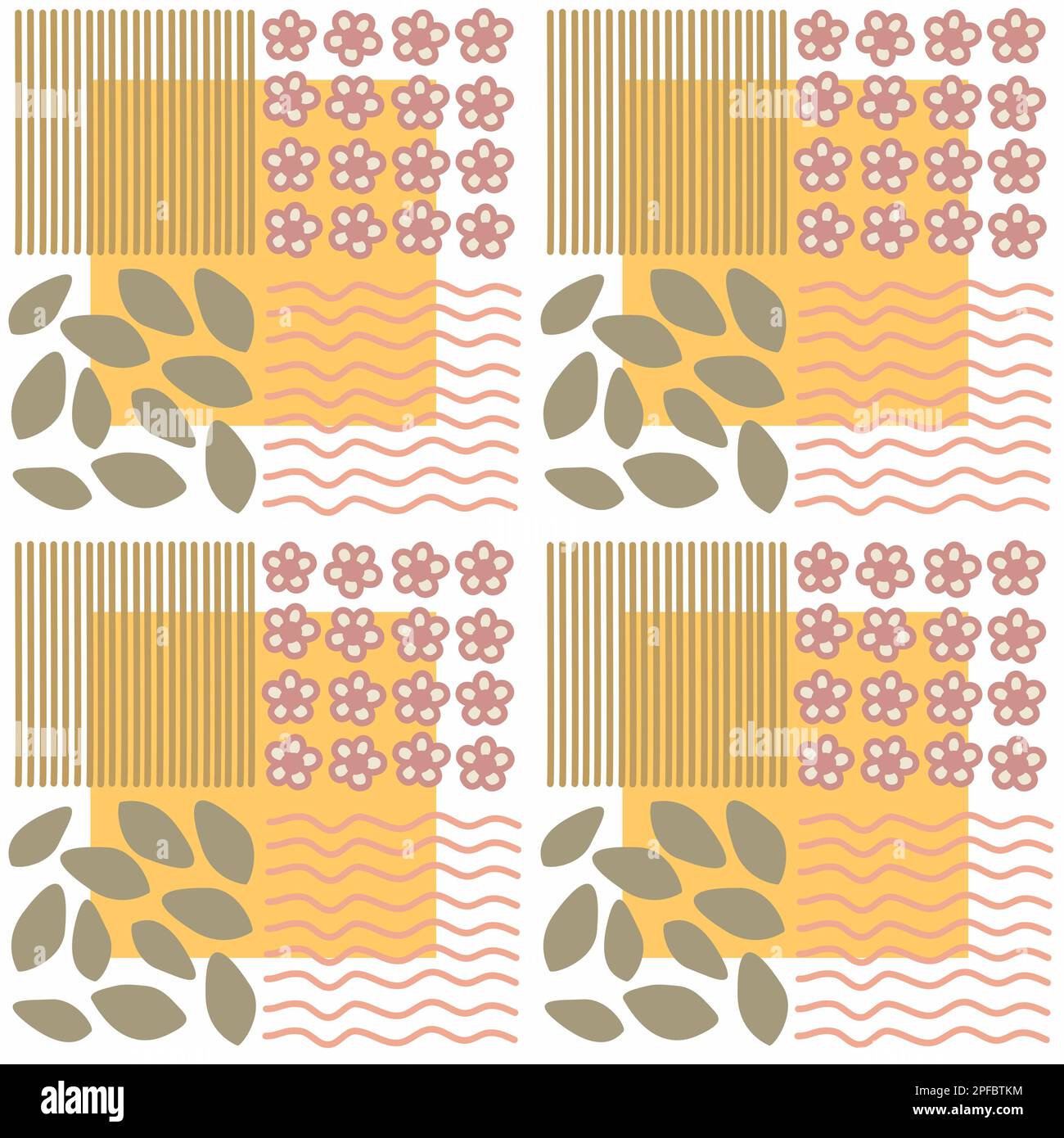 Agricultural seamless pattern. Pink flowers, brown and yellow stripes and squares on the white background. Simple print for fabric, wallpaper Stock Photo