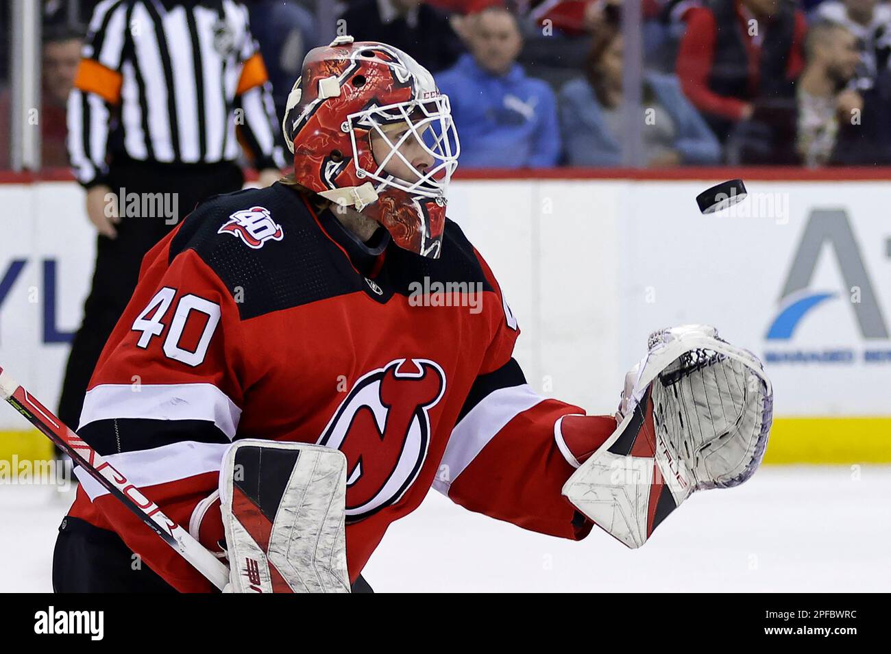 New Jersey Devils goaltender Akira Schmid (40) celebrates with
