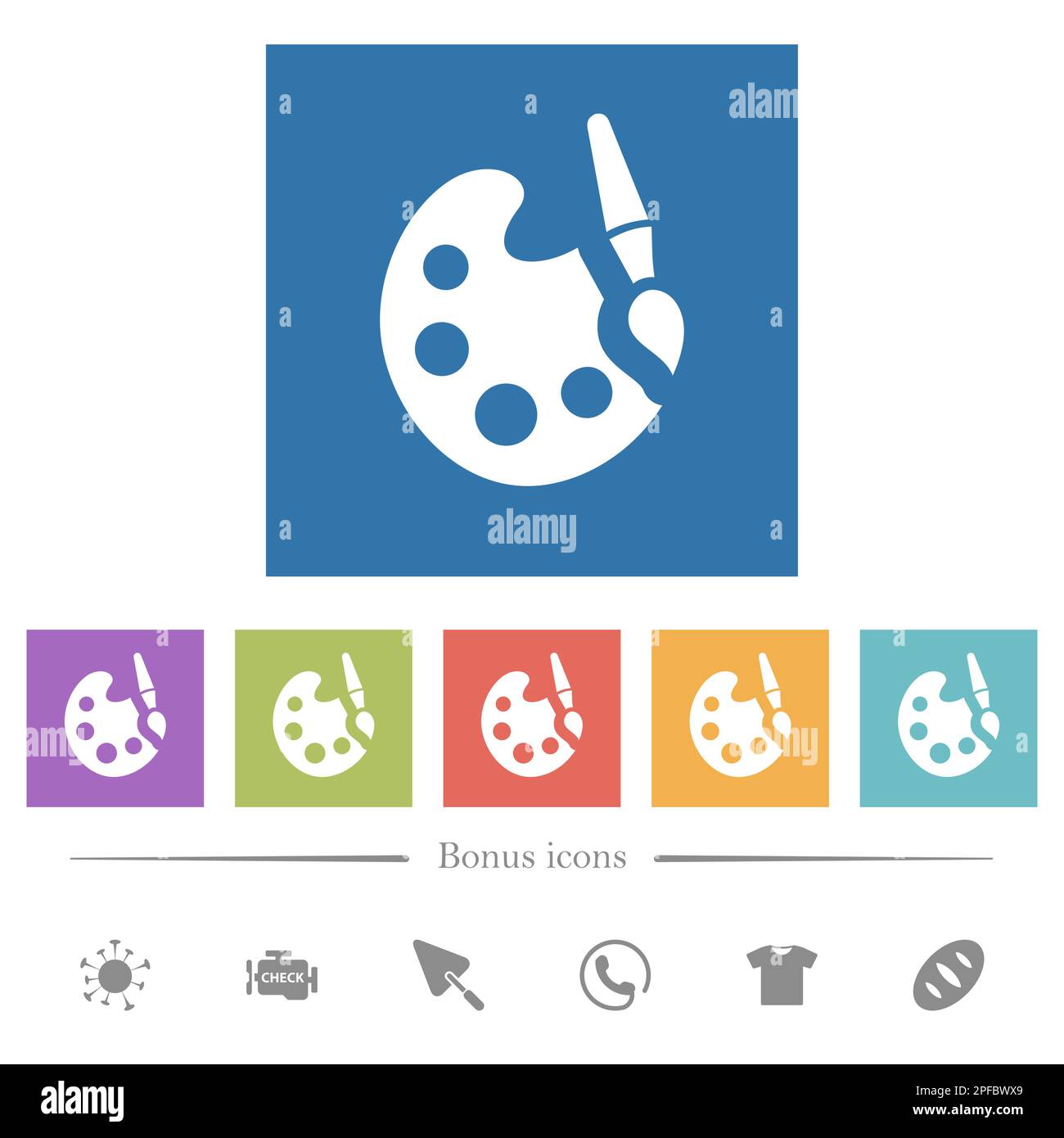 Paint kit solid flat white icons in square backgrounds. 6 bonus icons included. Stock Vector