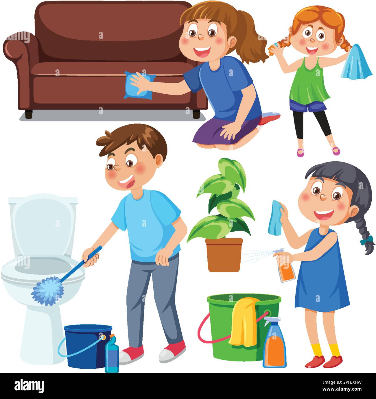 Set of children doing chores with household equipments illustration ...