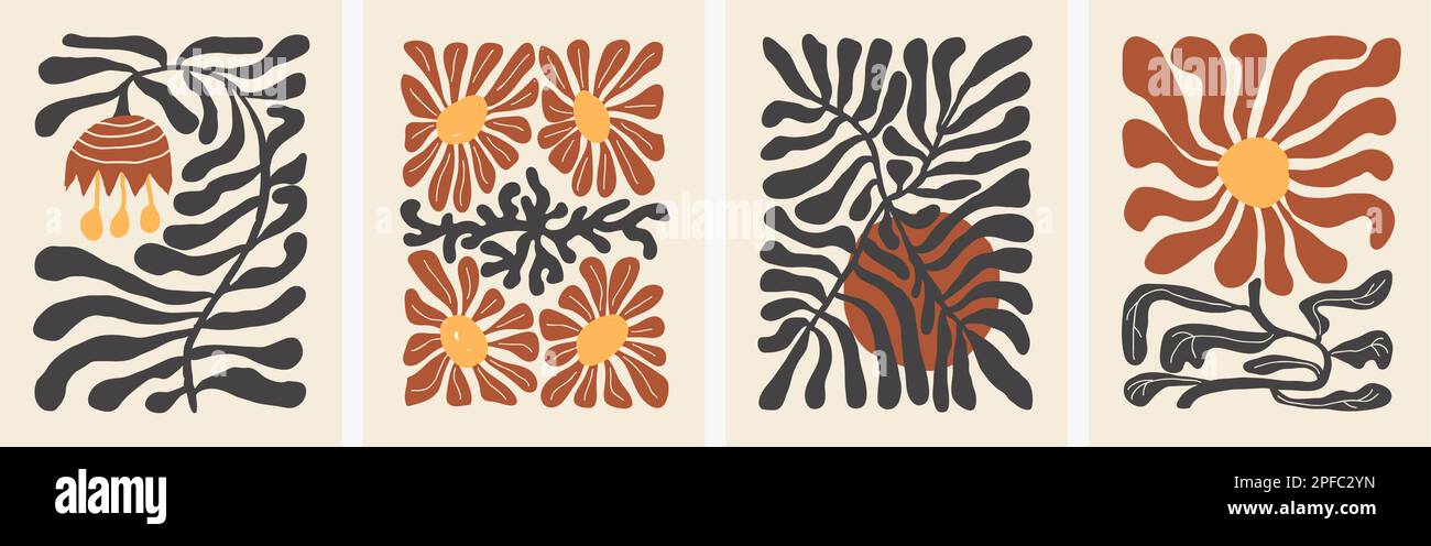 Collection of floral abstract art posters. Matisse inspired flowers shapes for interior decoration. Hand drawn vector illustration design for greeting Stock Vector