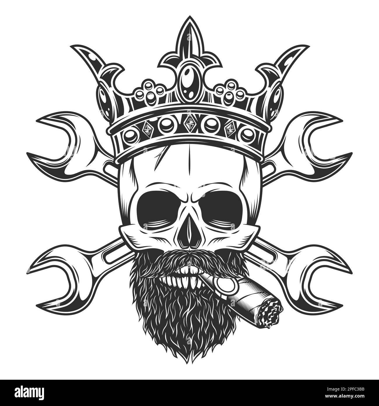 Skull smoking cigar or cigarette with mustache with beard in crown and construction builder plumbing wrench or repair car and truck mechanic tool Stock Vector