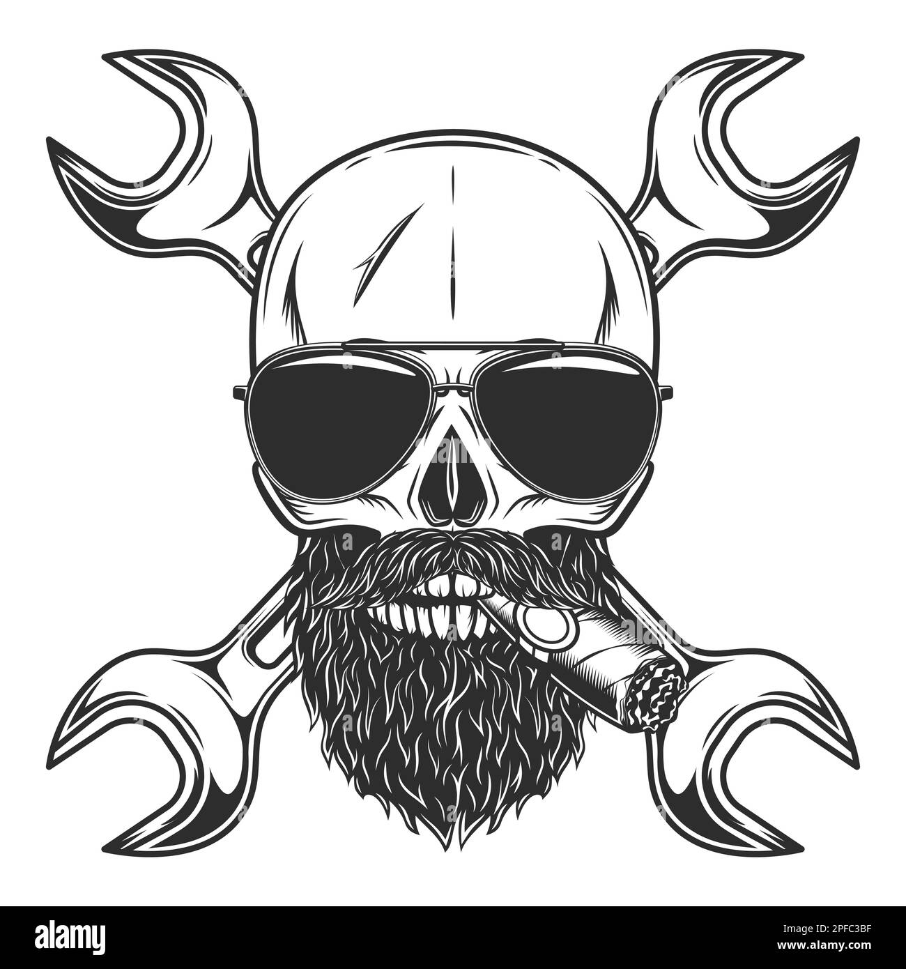 Skull smoking cigar or cigarette witn mustache with beard in sunglasses and construction builder plumbing wrench or repair car and truck mechanic Stock Vector