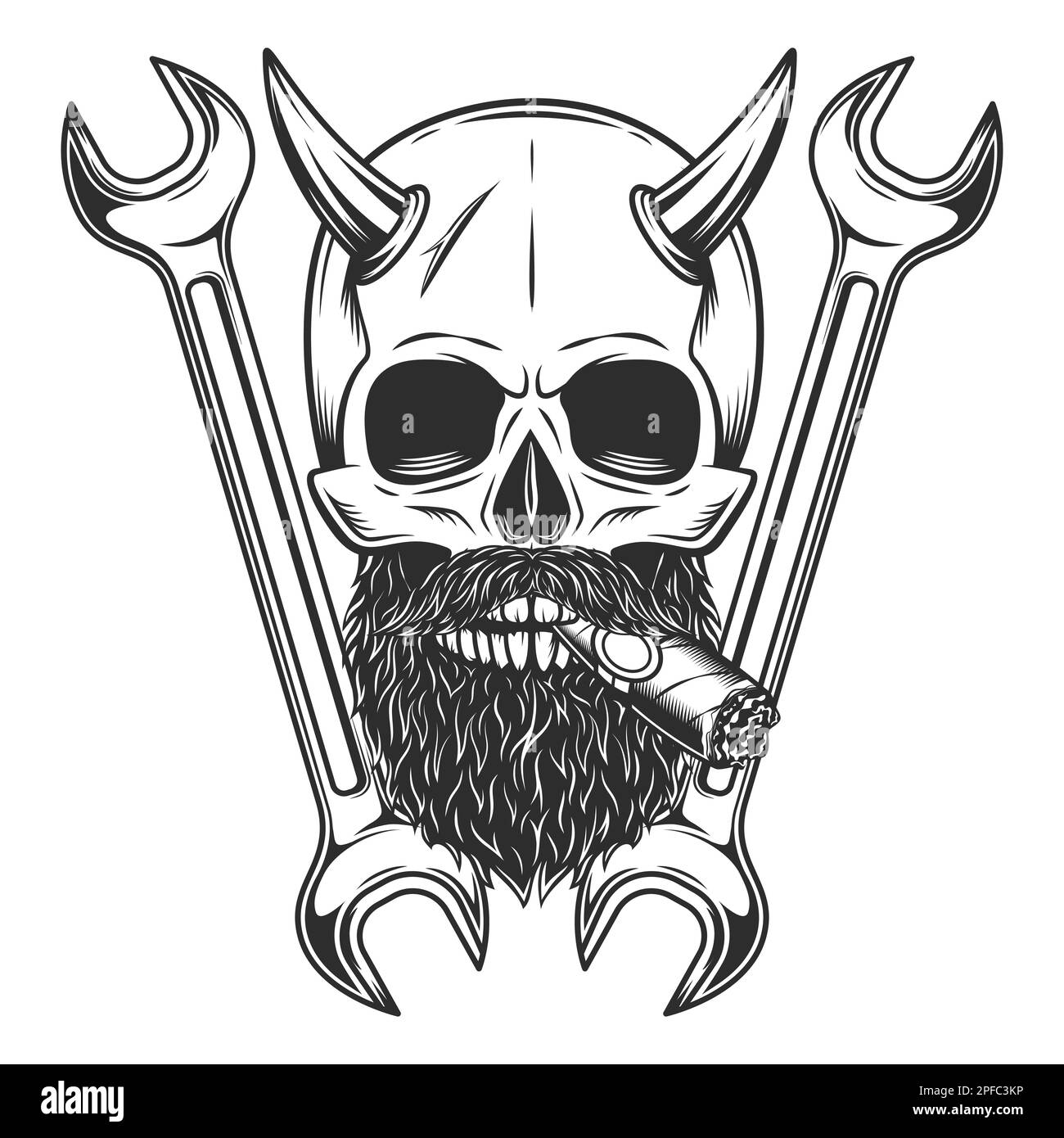 Skull smoking cigar or cigarette with mustache with beard and horn with construction plumbing wrench or repair car and truck mechanic service tool Stock Vector