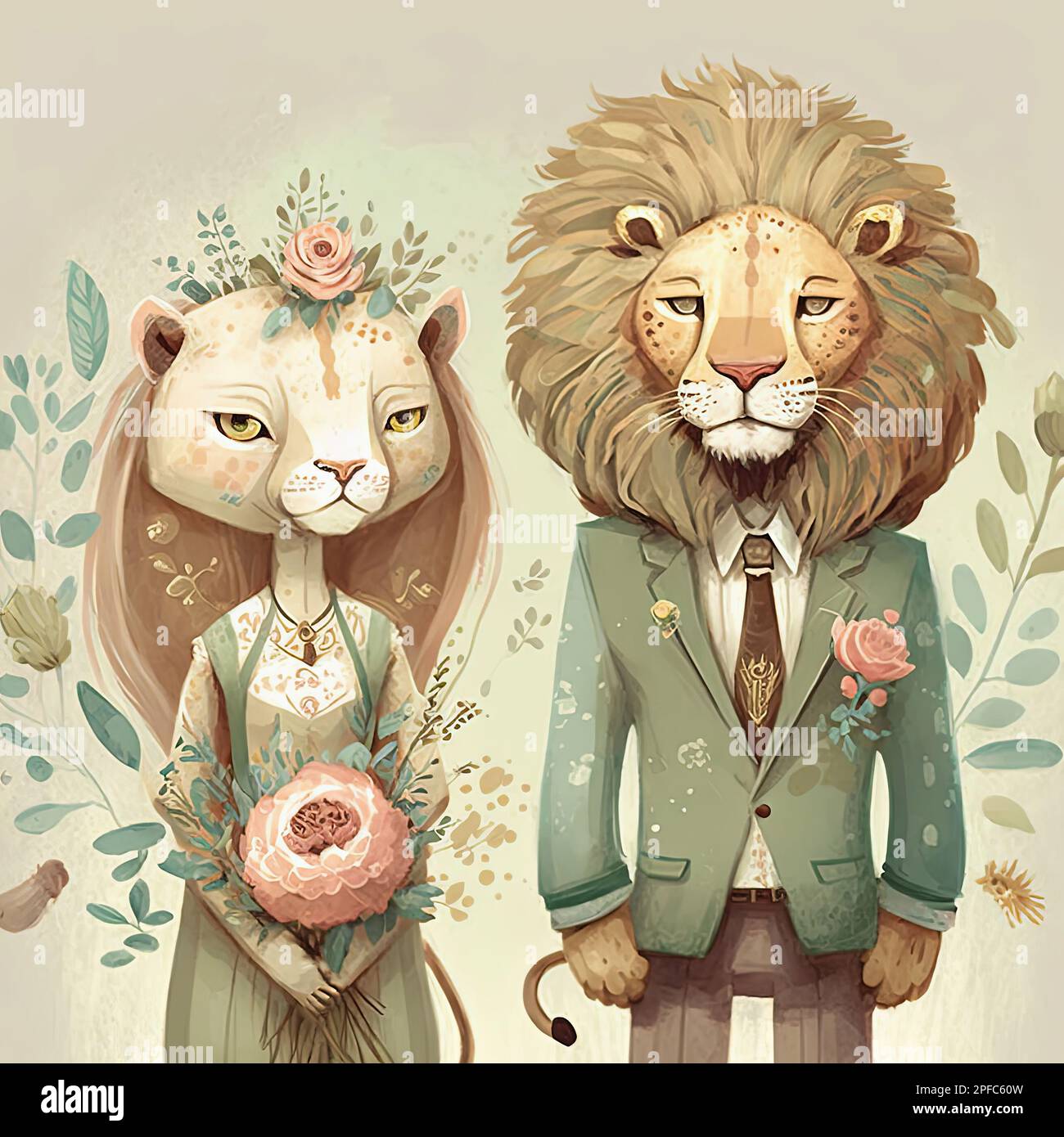 Lion bride and groom. Lovely wedding couple. Two cute animals ...