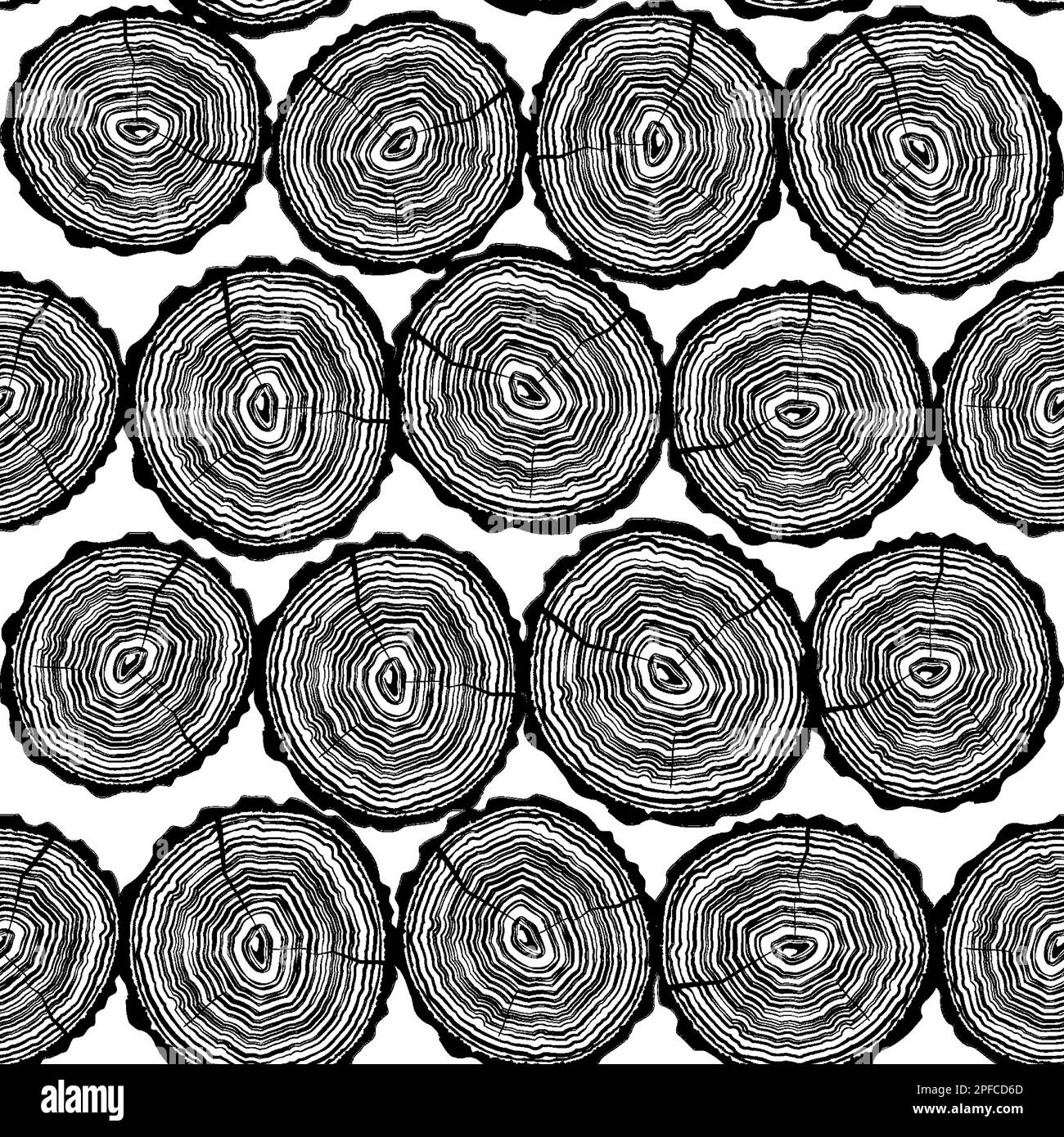 Tree rings saw cut tree trunk pattern background. Seamless wallpaper with cracks and tree rings Monochrome sketch ornament. Vector illustration Stock Vector