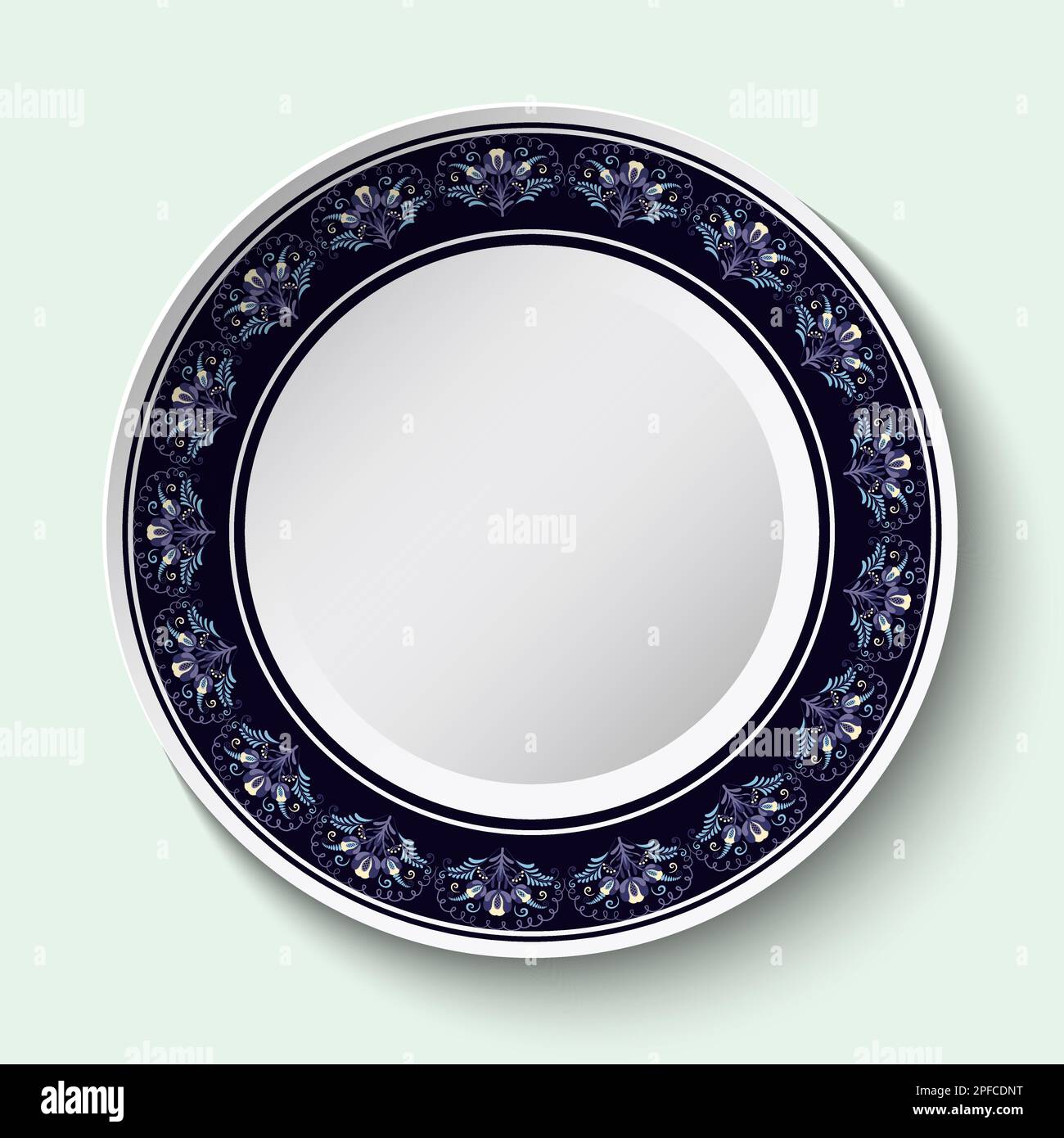 Dark blue circular decor with flowers on the edge of a white ceramic dish. Stylized ethnic cobalt painting on porcelain. Vector illustration Stock Vector