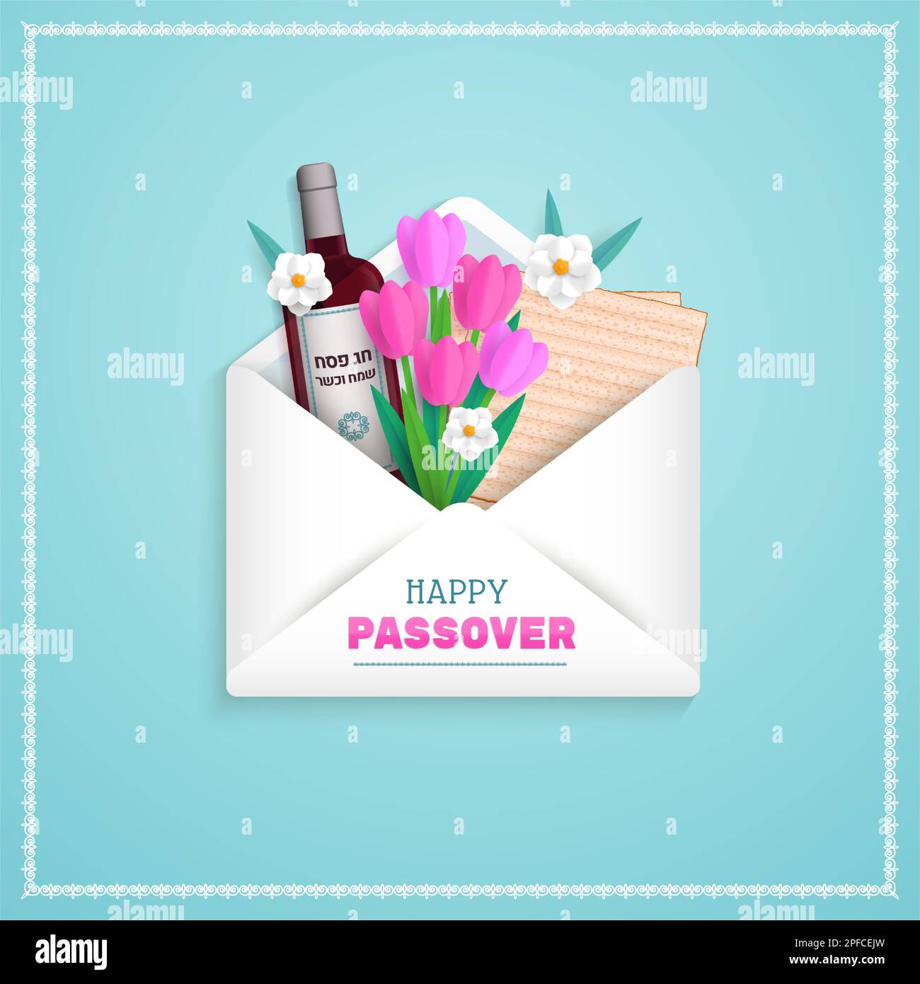 Passover greeting card or banner. Holiday symbols matzah, wine and spring flowers. Happy Passover in Hebrew. Vector Illustration. Stock Vector