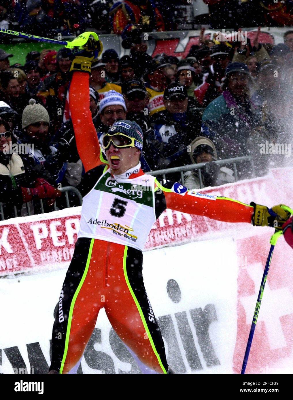 Matjaz Vrhovnik of Slovenia celebrates finishing in first place at the