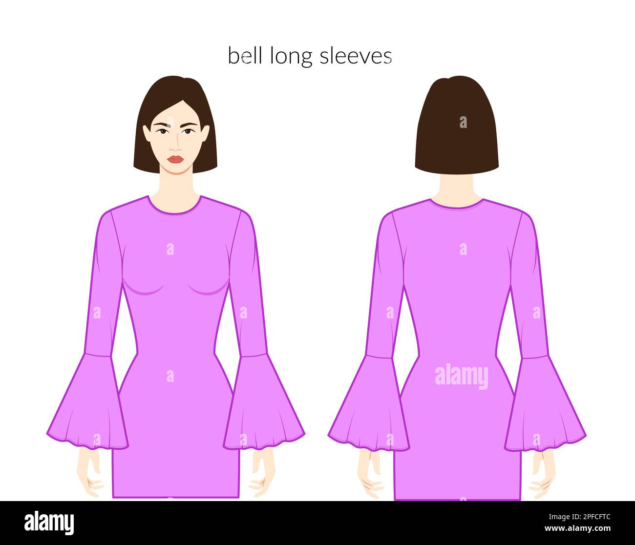 Bell sleeves long length clothes character lady in purple dress, top