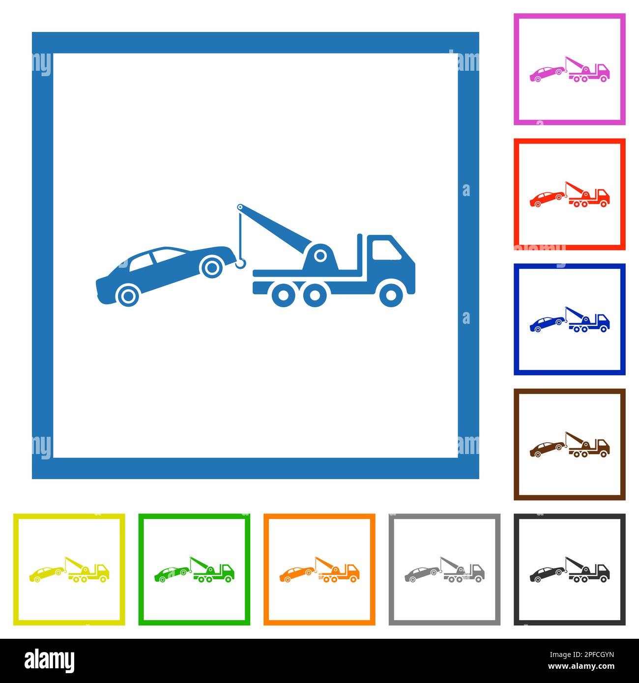 Car towing flat color icons in square frames on white background Stock ...