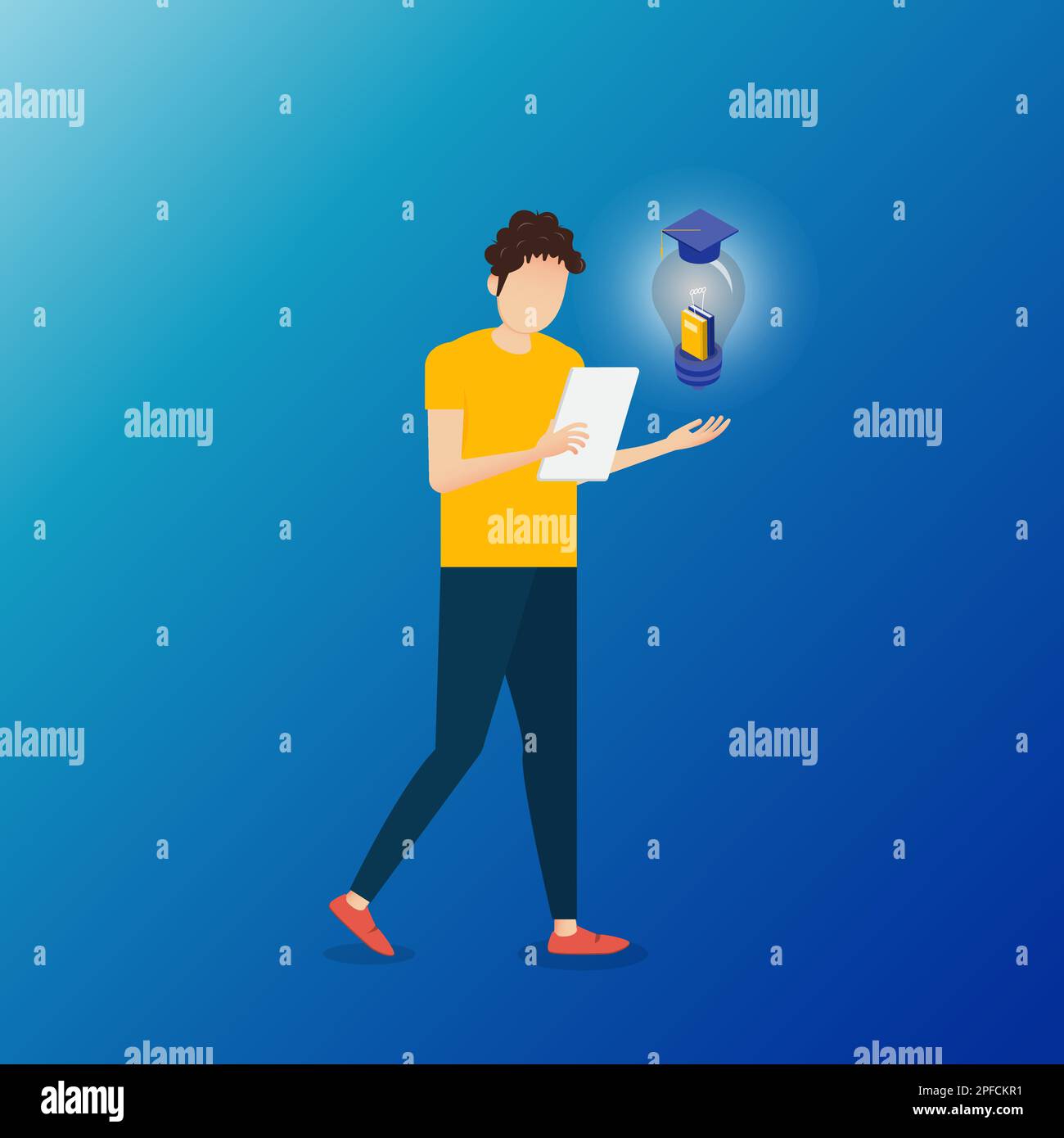 Business man having a great idea while reading a book. Business man holding light bulb on background. Stock Vector