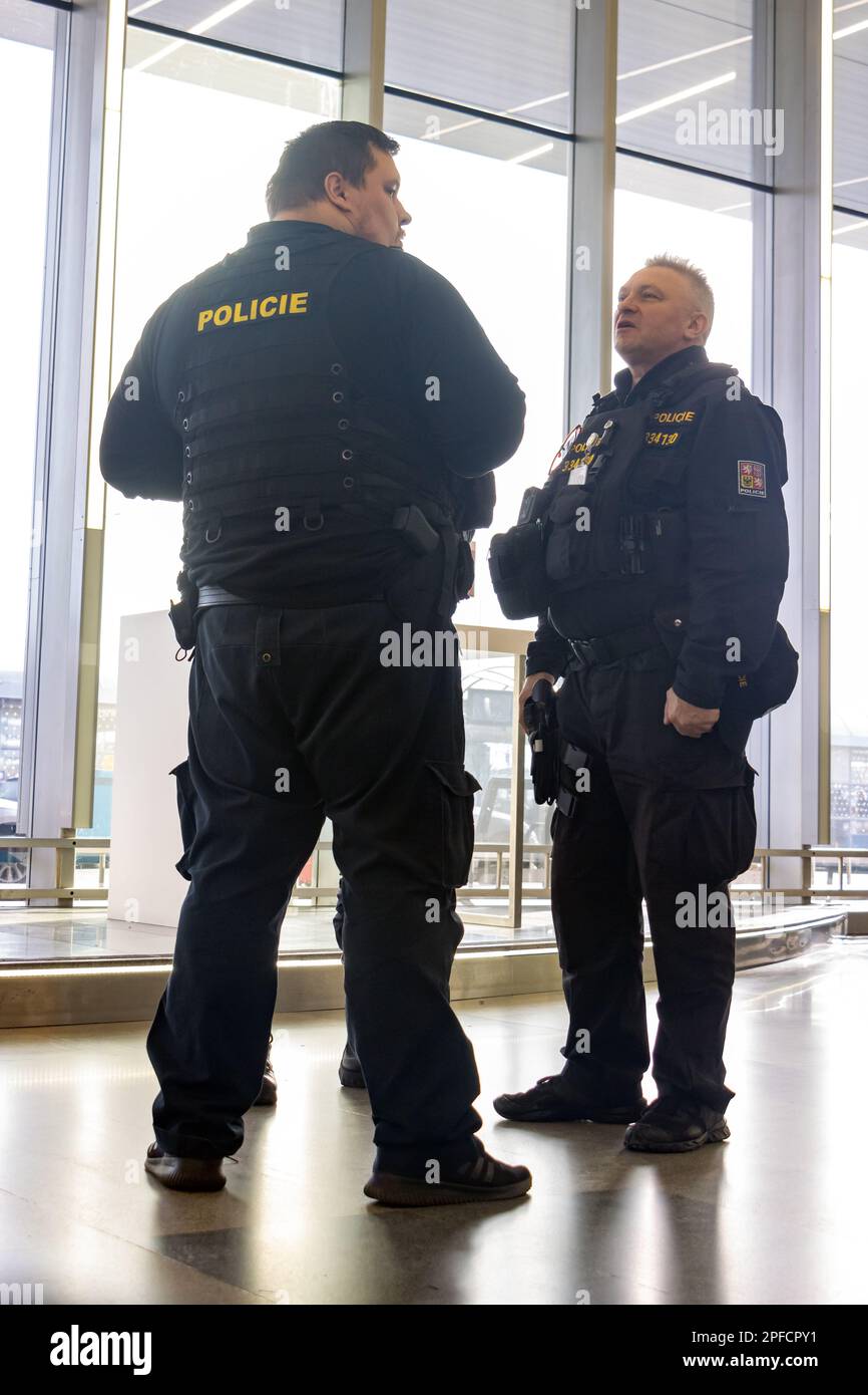PRAGUE, CZECHIA, JAN 19 2023, Police patrol at the international airport Stock Photo