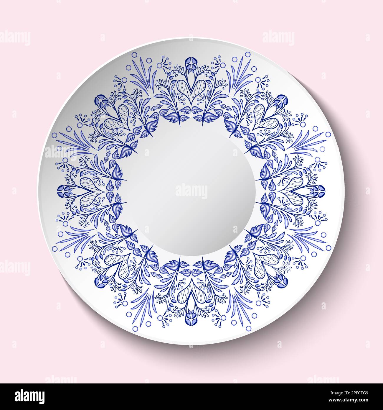 Porcelain dish with circular blue floral pattern. Plate and decor on white in oriental asian style. Ceramic saucer with national cobalt flower paintin Stock Vector