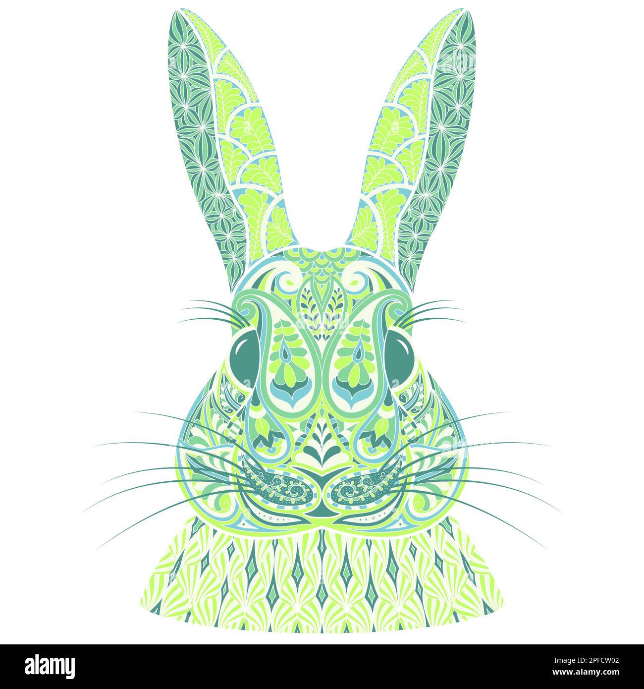 Patterned rabbit head in green tones with Paisley elements inspired by ...