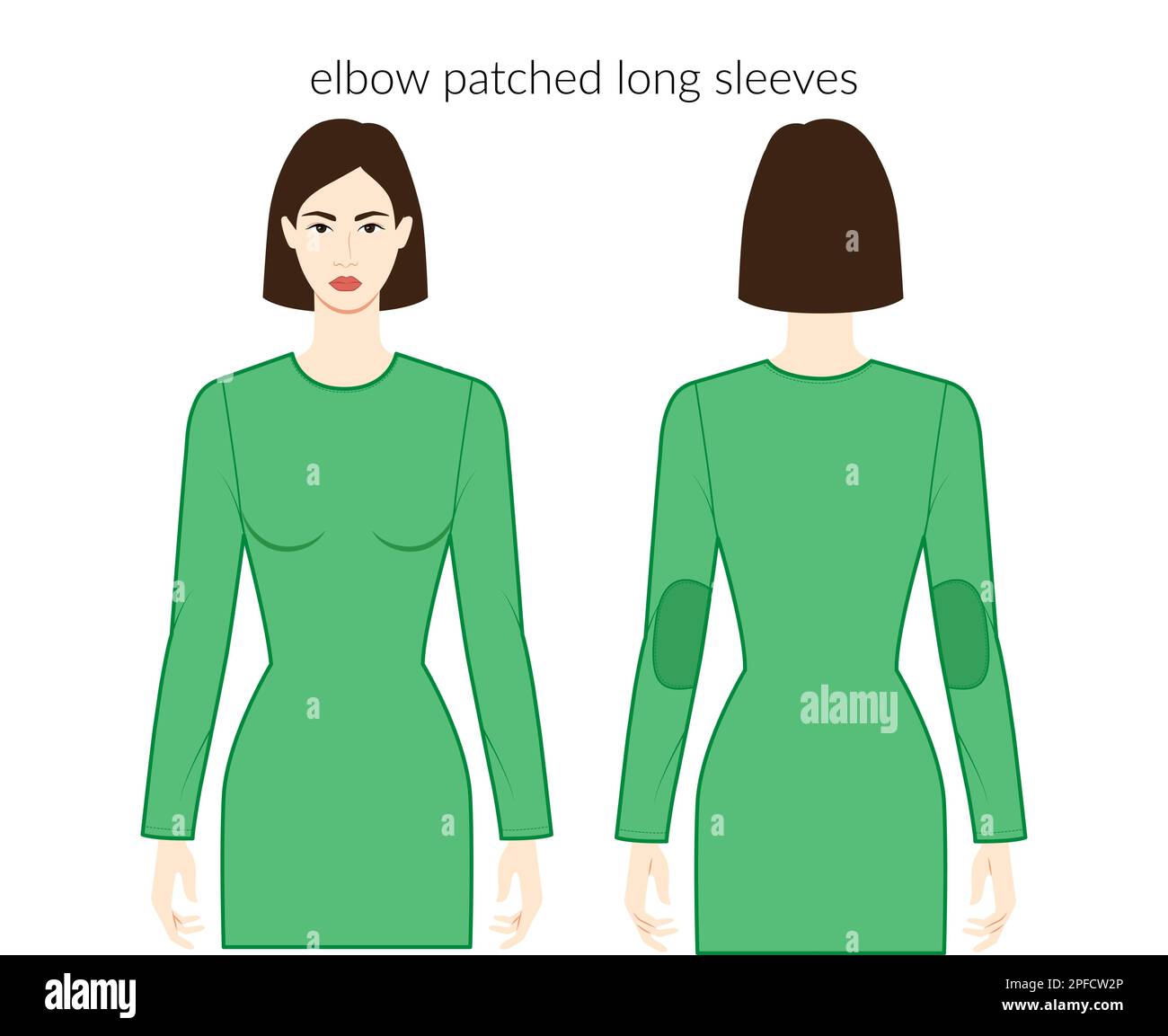 Elbow patched sleeves long length clothes character beautiful lady in green top, shirt, dress dresses, tops, shirts technical fashion illustration. Flat apparel template. Women, men unisex CAD mockup Stock Vector