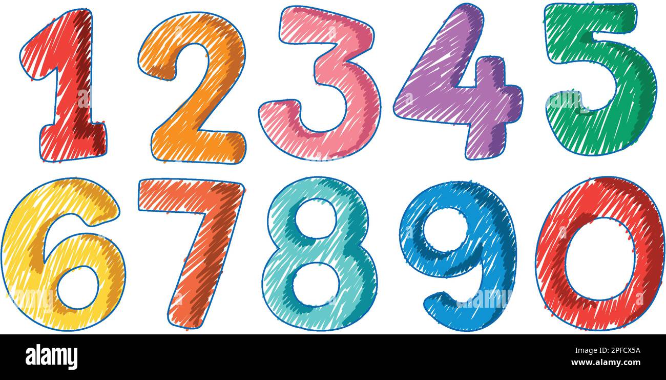 Numbers in Pencil Colour Sketch Simple Style illustration Stock Vector