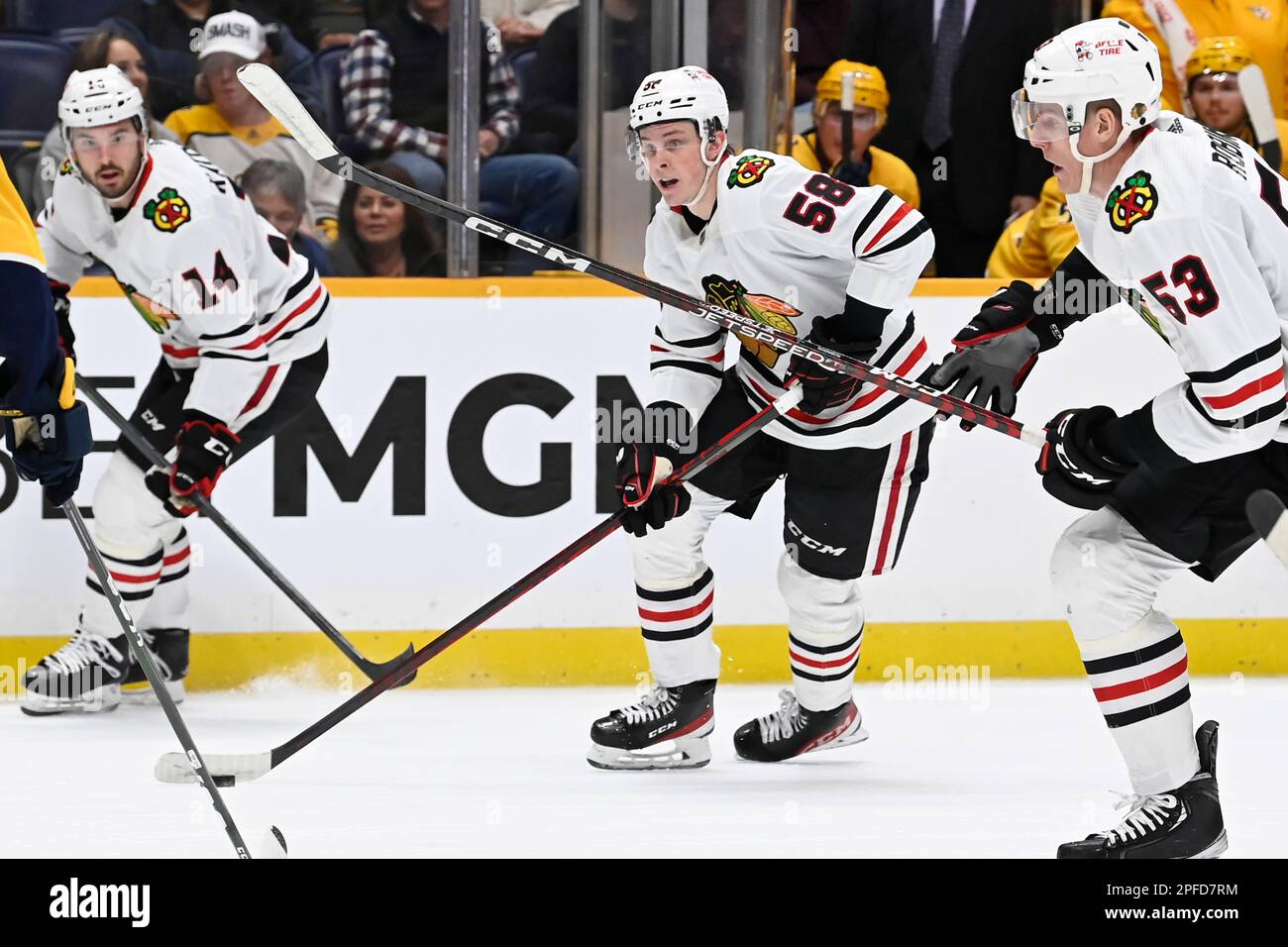 Chicago Blackhawks right wing MacKenzie Entwistle (58) in the third period  of an NHL hockey game Wednesday, Oct. 13, 2021, in Denver. The Avalanche  won 4-2. (AP Photo/David Zalubowski Stock Photo - Alamy