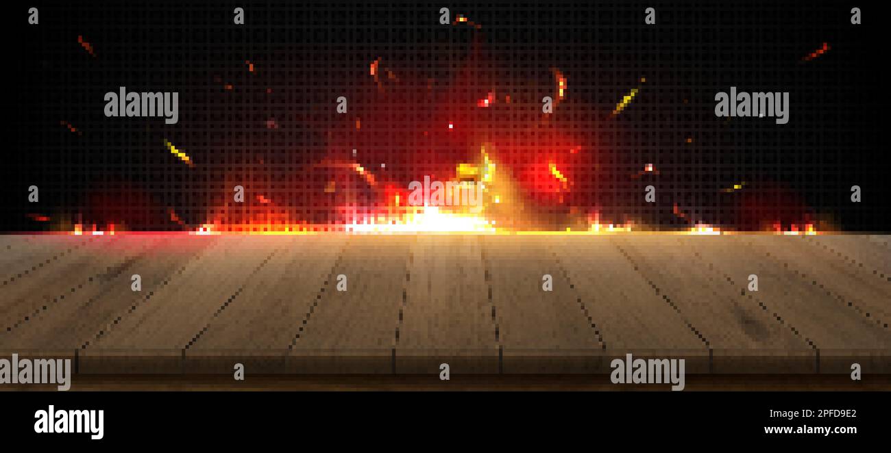 Realistic fire flame on kitchen wooden table vector background. Light ...