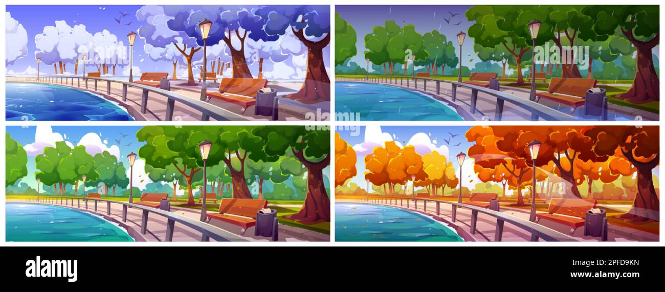 Four seasons set of urban park near river. Vector cartoon illustration ...