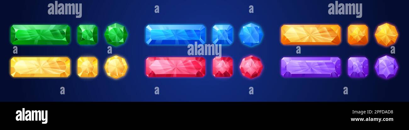 Rectangular Stone Button Cartoon set of game crystals isolated on dark background. Vector ...