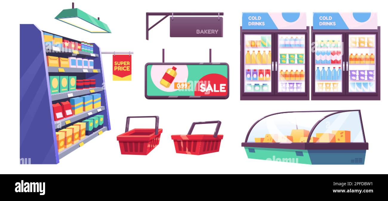 Isolated grocery store fridge cartoon vector set. Supermarket shop ...