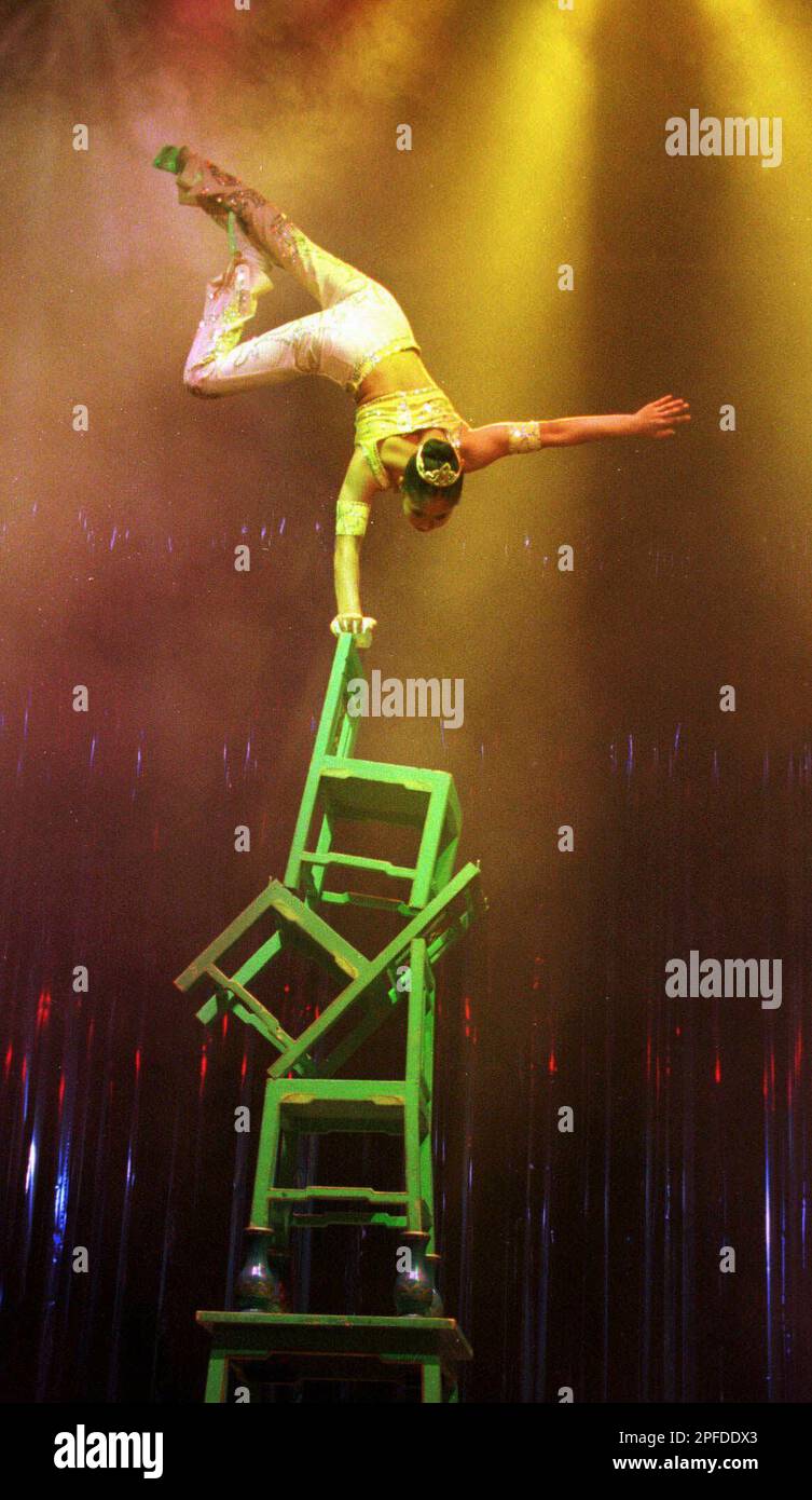 Wang Xinyi, 16, balances high above the stage at the Kirby VanBurch
