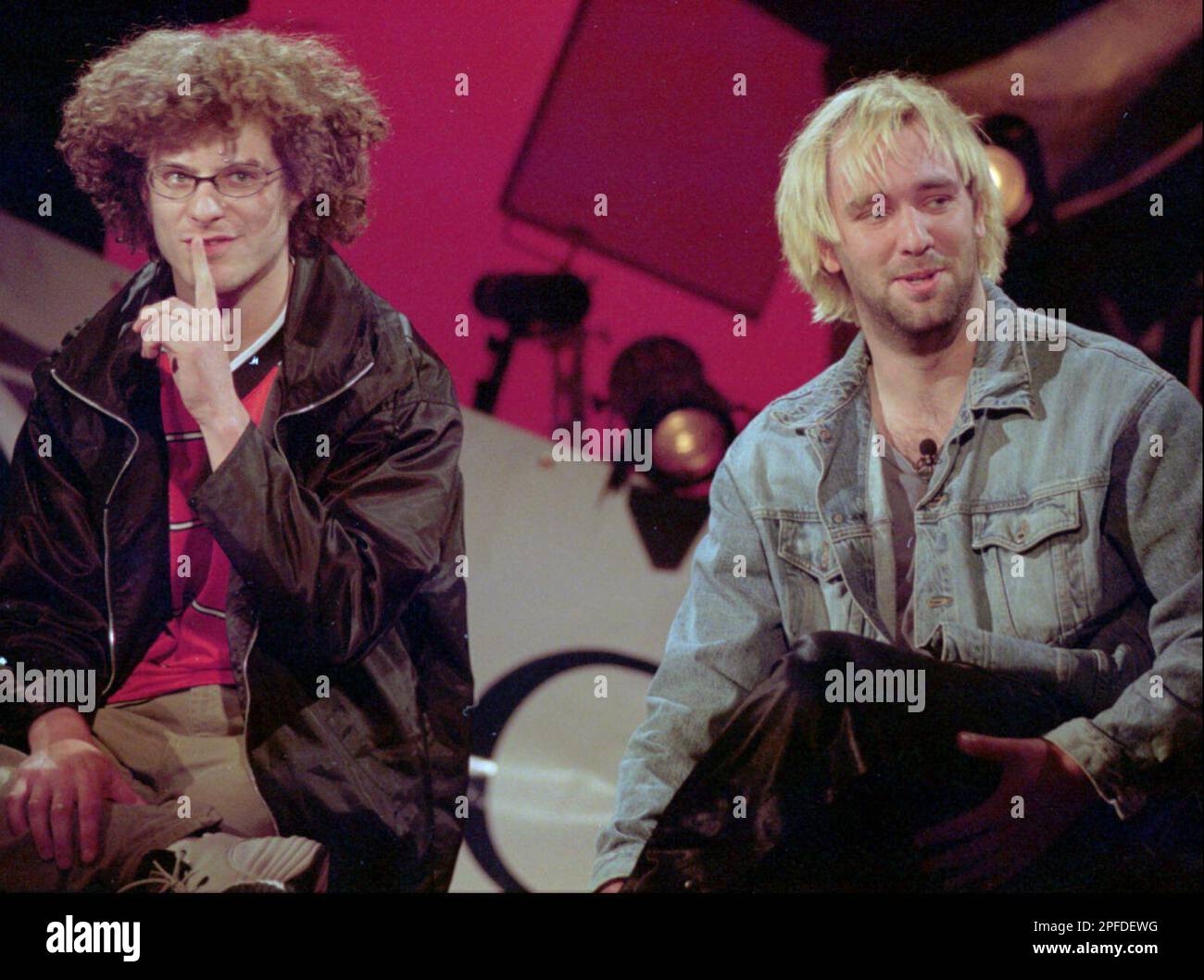 Matt Stone, left, and Trey Parker, creators of one of cable television's  hottest shows, South Park, joke with reporters during a news conference in  Denver on Thursday, April 16, 1998, to announce