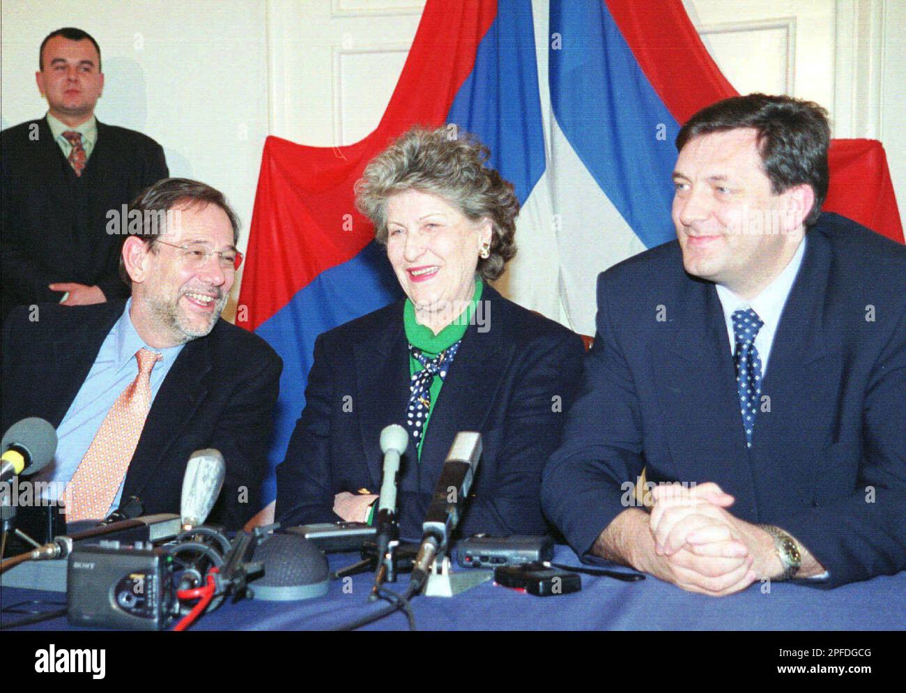 Nato Secretary General Javier Solana, left, Bosnian Serb president Biljana  Plavsic, center, and Bosnian Serb Premier Milorad Dodik speak with  reporters during a joint press conference in Banja Luka Thursday, March 12,