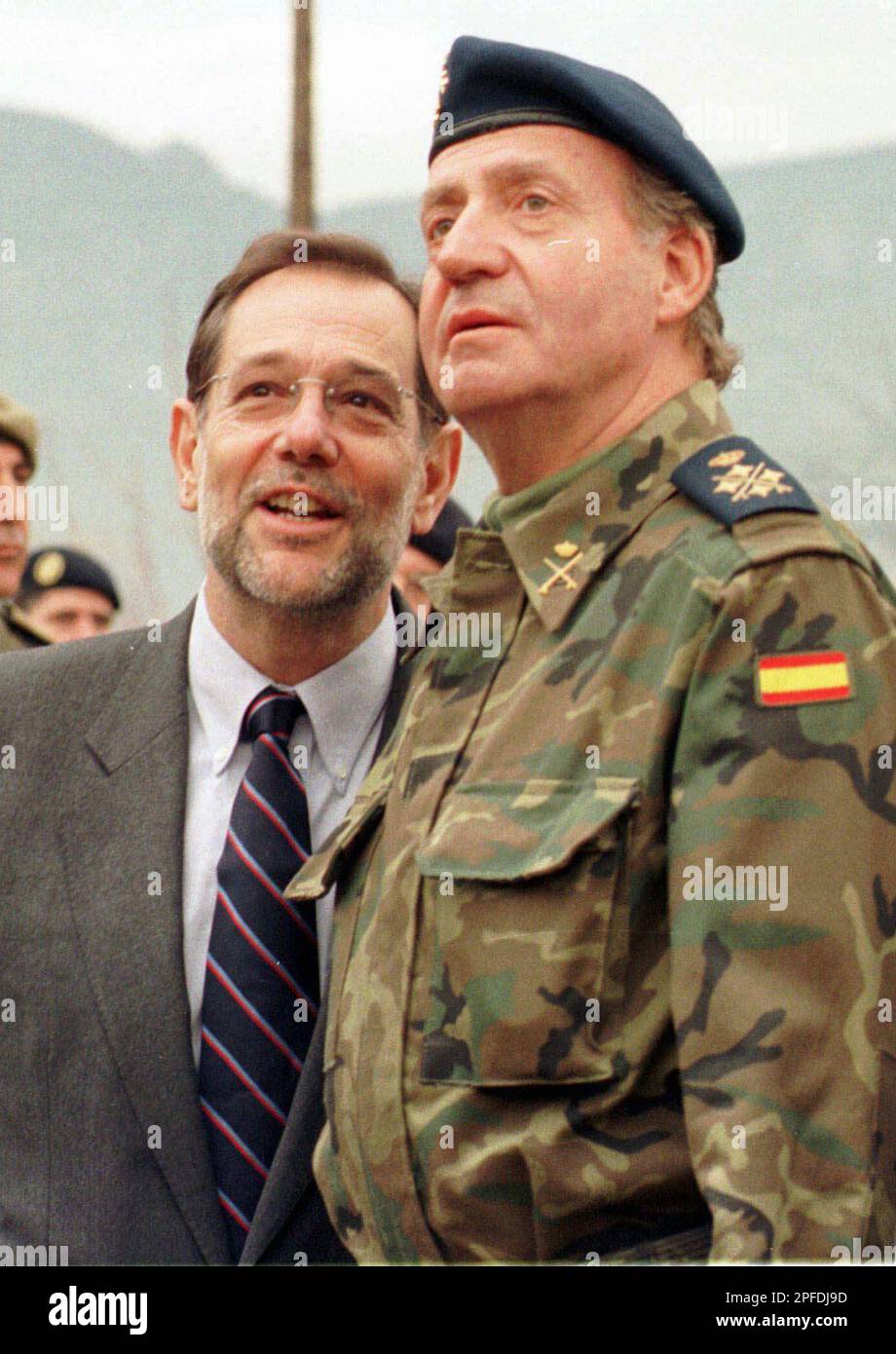 Spanish King Juan Carlos and Javier Solana, NATO General Secretary, at the  Spanish Square in Mostar, Monday, January 5, 1998. Juan Carlos came to  celebrate his 60th birthday with Spanish SFOR troops