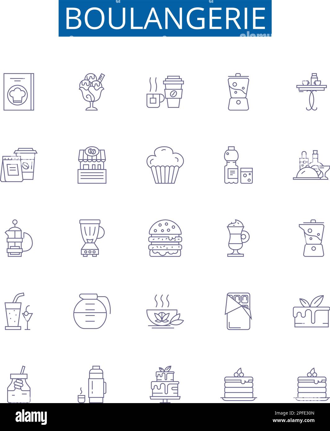 Boulangerie line icons signs set. Design collection of Bakery, Patisserie, Bread, Croissant, Cookies, Viennoiserie, Cake, Tart outline concept vector Stock Vector