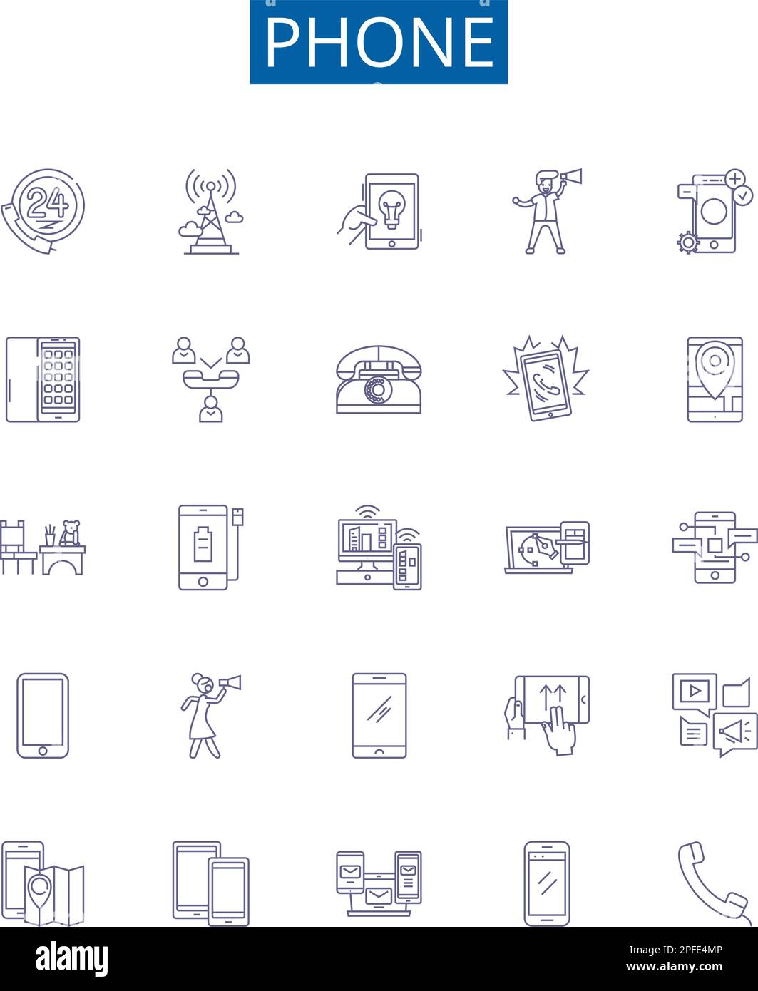 Phone line icons signs set. Design collection of Telephone, Mobile, Cell, Handset, Samsung, Iphone, Motorola, Nokia outline concept vector Stock Vector