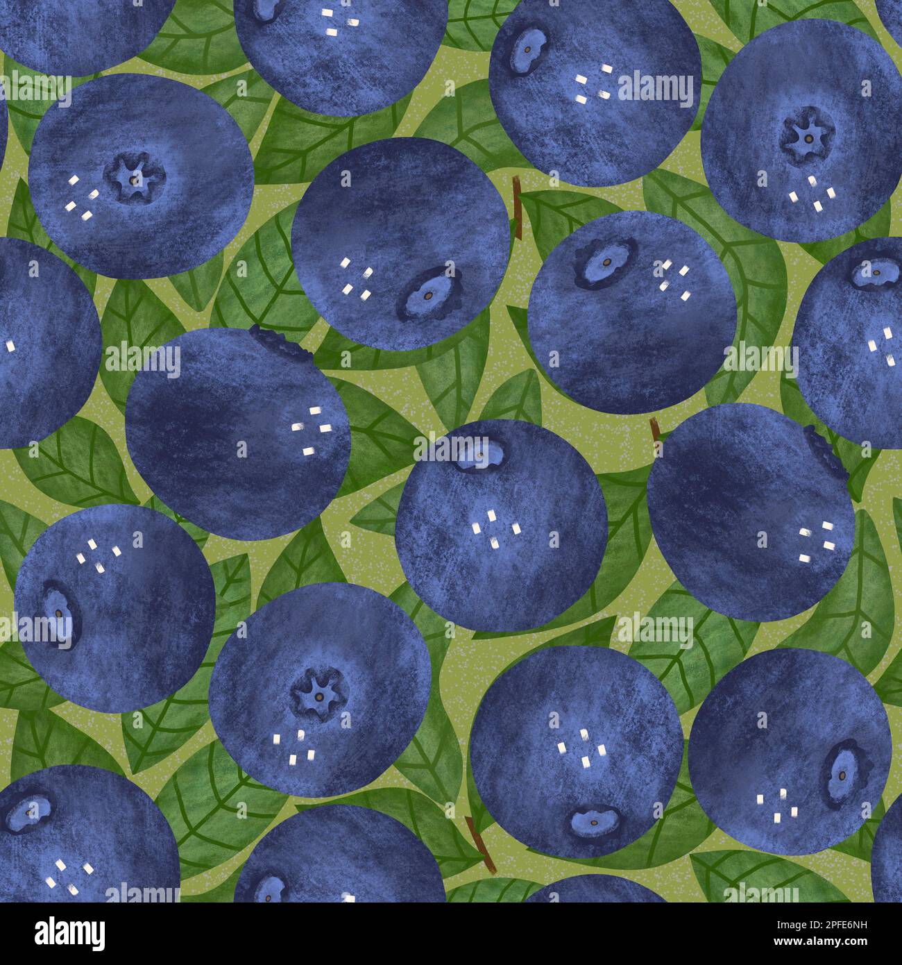 Blueberry seamless pattern. Hand drawn textured blackberry and leaves on green background. Blue berry allover print Stock Photo