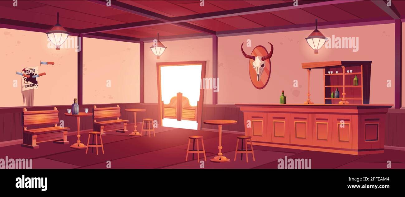 Old western saloon, cowboy bar in wild west. Vintage tavern interior with wooden bar counter, shelf with bottles, tables, chairs, doors and wanted poster on wall, vector cartoon illustration Stock Vector