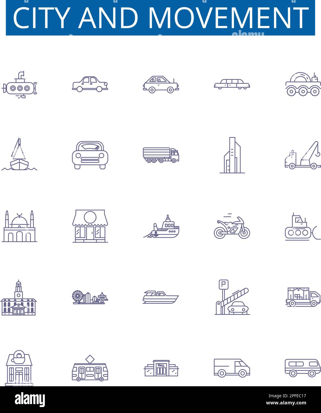 City and movement line icons signs set. Design collection of city
